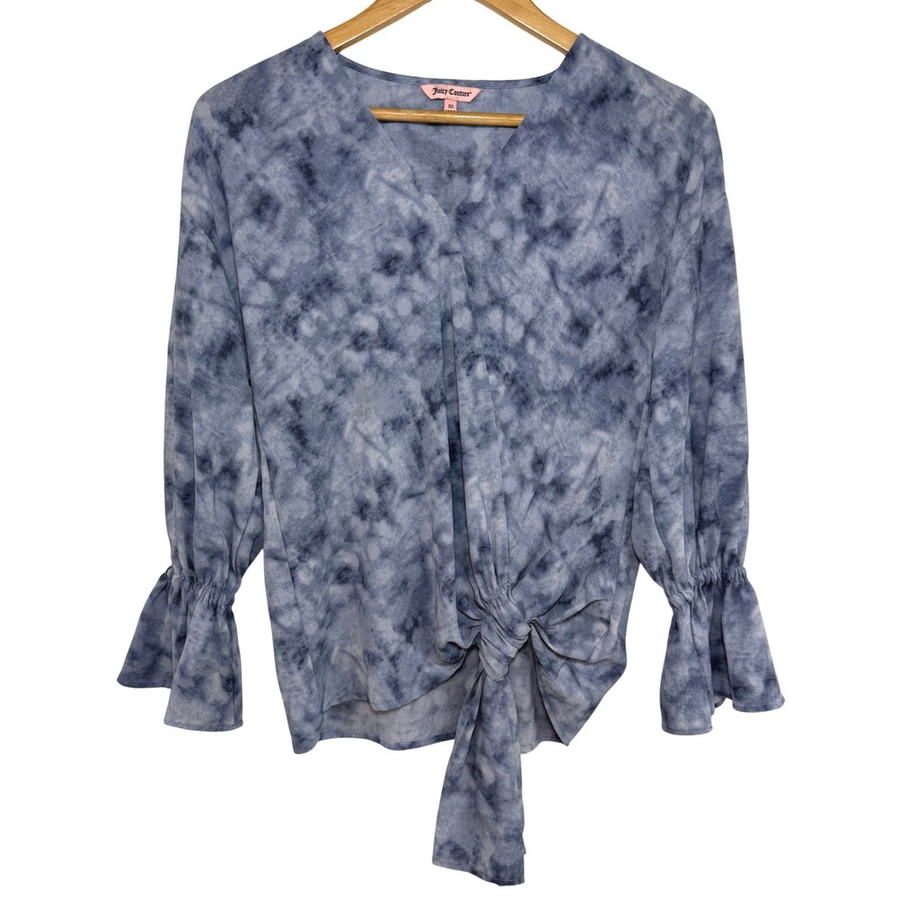 Juicy Couture Tie Dye Tie Front Top Blue Smocked Bell Sleeve Y2K Coquette XS‎